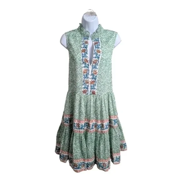 Oliphant Yoke Mini Dress Tiered A-Line Split V-Neck Ruffle Collar Green Boho XL - Picture 1 of 8